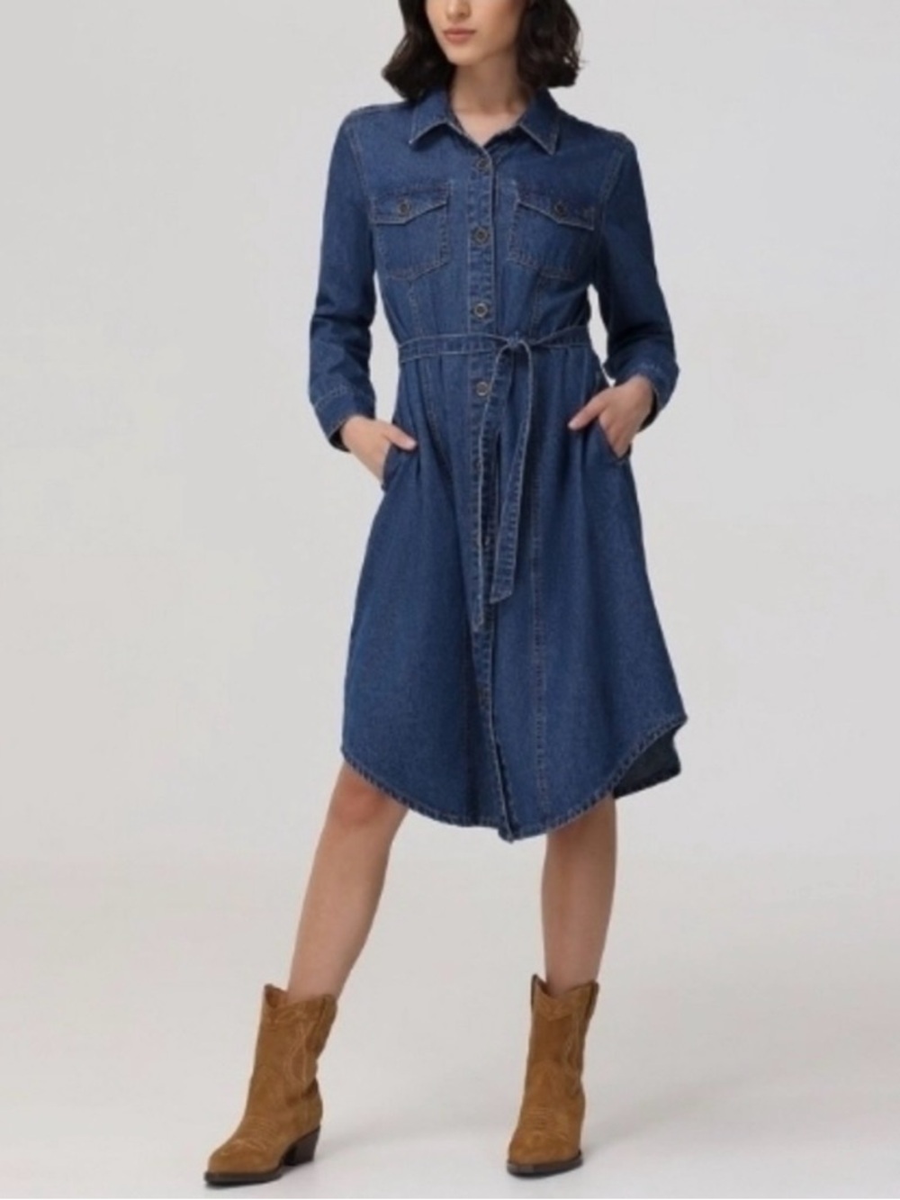 Frye Indigo Denim Shirt Midi Dress with Tie Waist